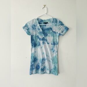 Ambiance Upcycled Tie Dyed Women's Large Short Sleeve Shirt in Blue, Teal